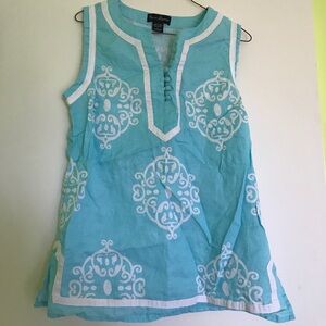 Mercer & Madison Turquoise and White Printed Linen Tank Top-L